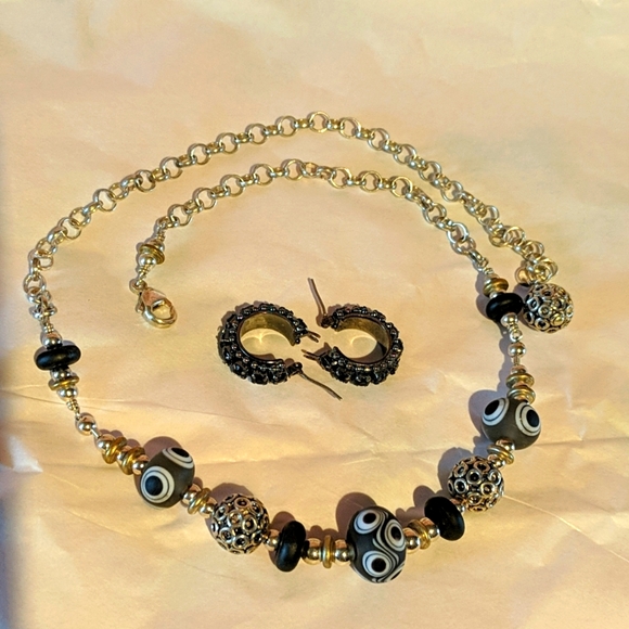 unknown Jewelry - Glass bead stainless steel necklace& earrings set